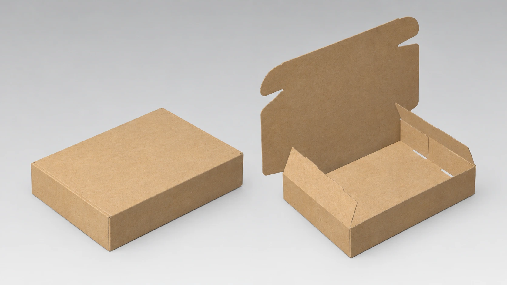 Unprinted kraft hinged mailer box, closed and open comparison