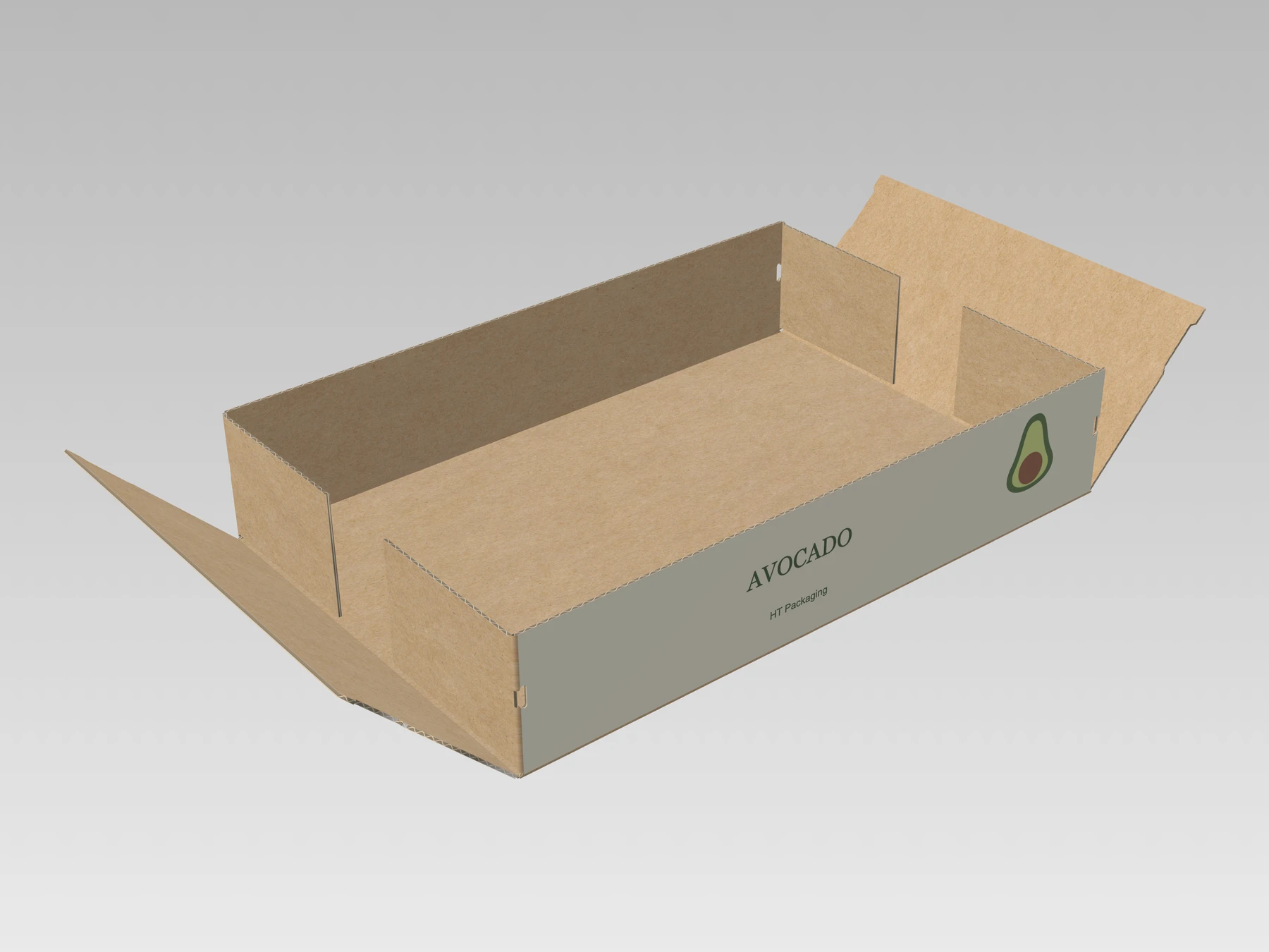 Side-lock tray, partially unfolded, avocado-printed exterior, small HT Packaging text and plain kraft interior