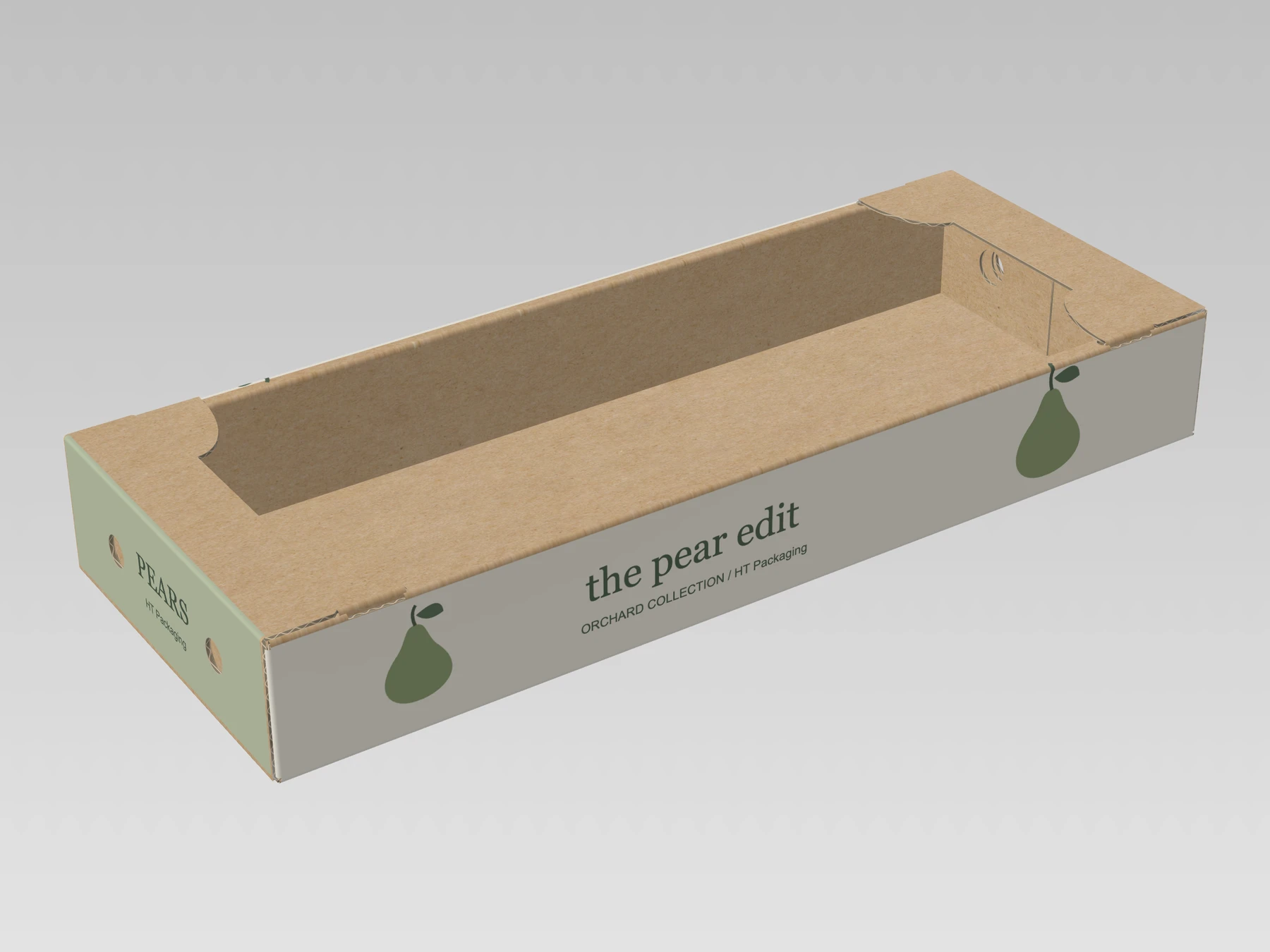 Ventilated tray, assembled, pear-printed exterior, small HT Packaging text and plain kraft interior