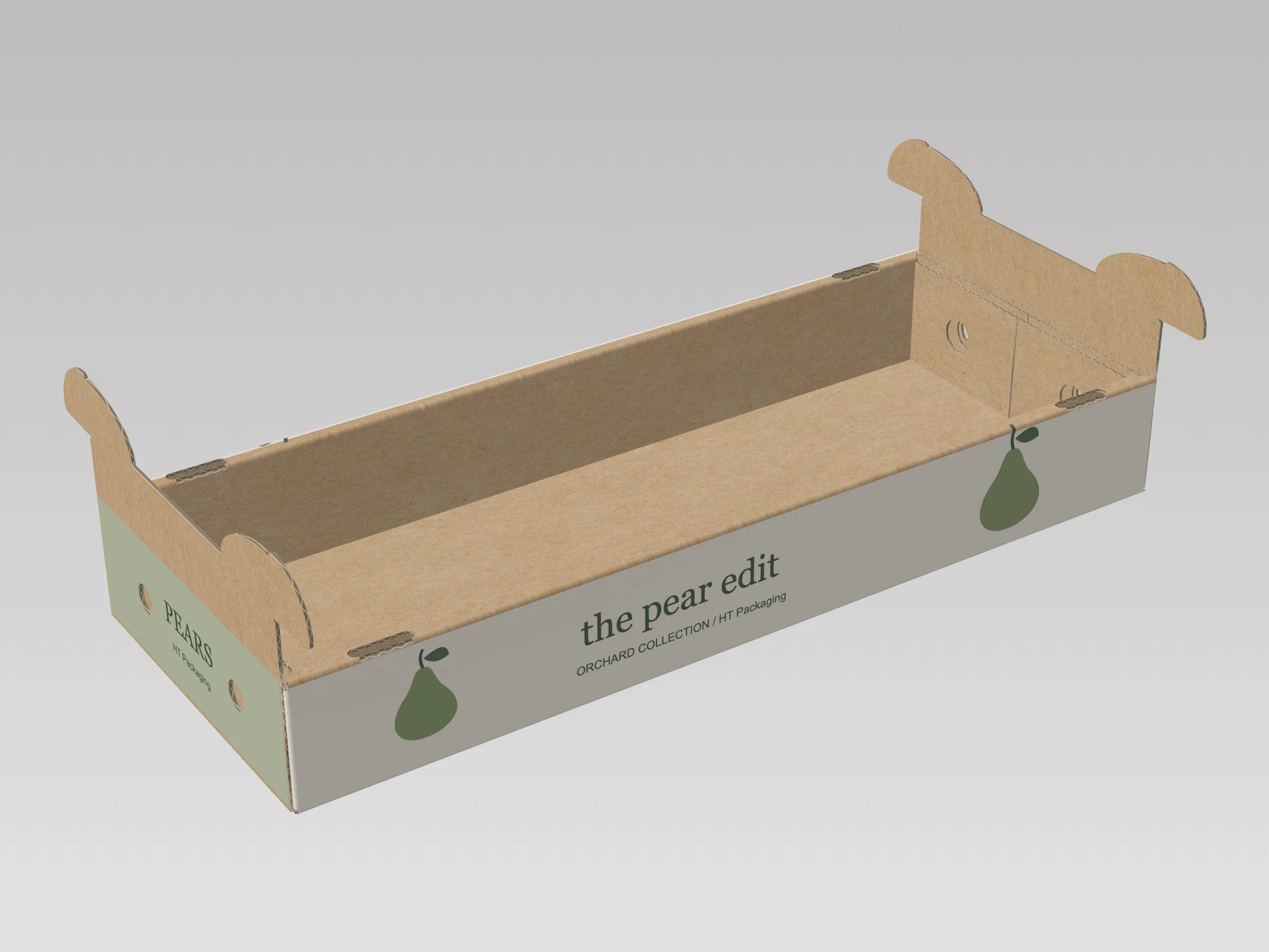 Ventilated tray, partially unfolded, pear-printed exterior, small HT Packaging text and plain kraft interior