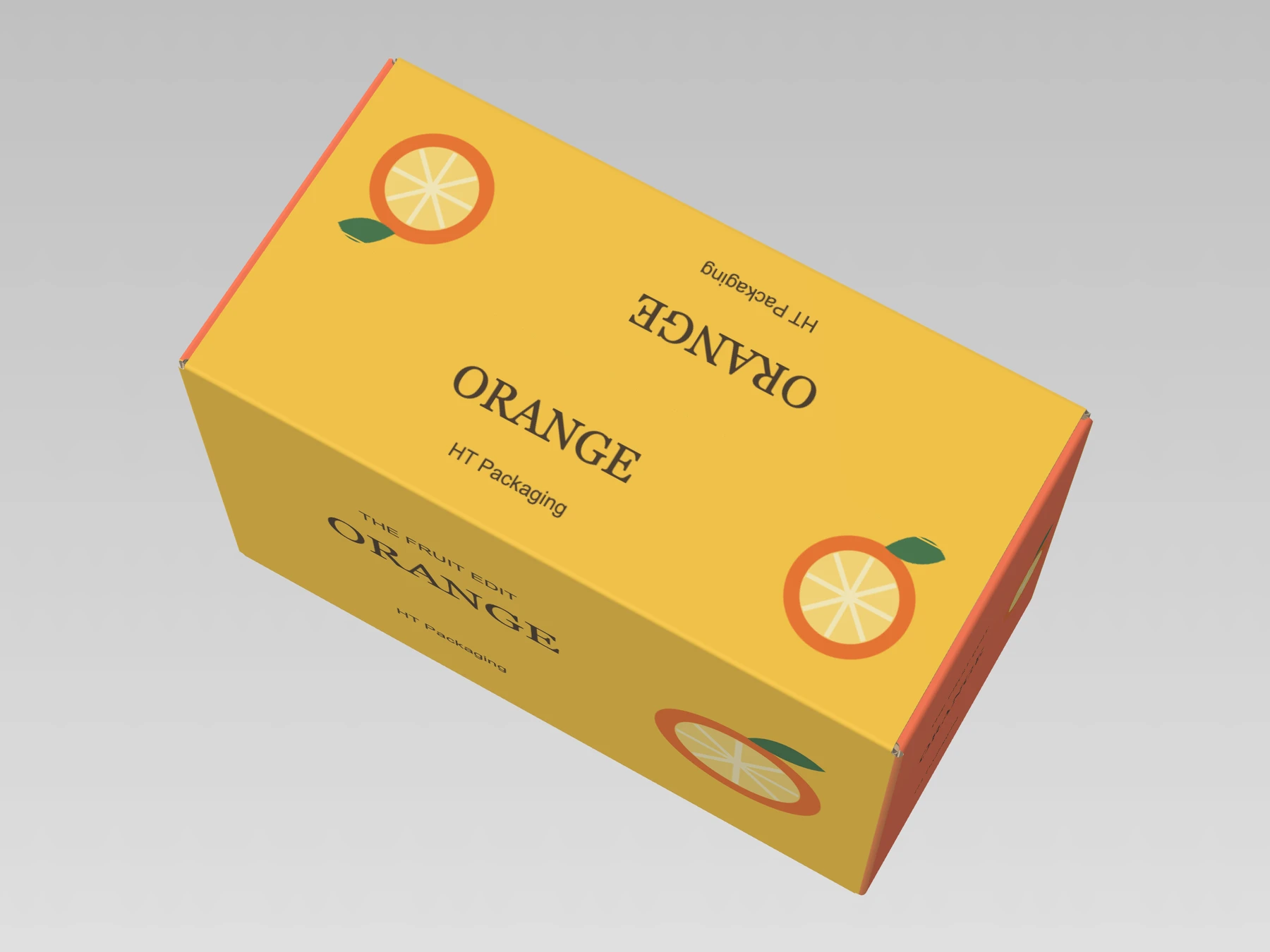 Regular slotted carton, assembled, orange-printed exterior, small HT Packaging text and plain kraft interior