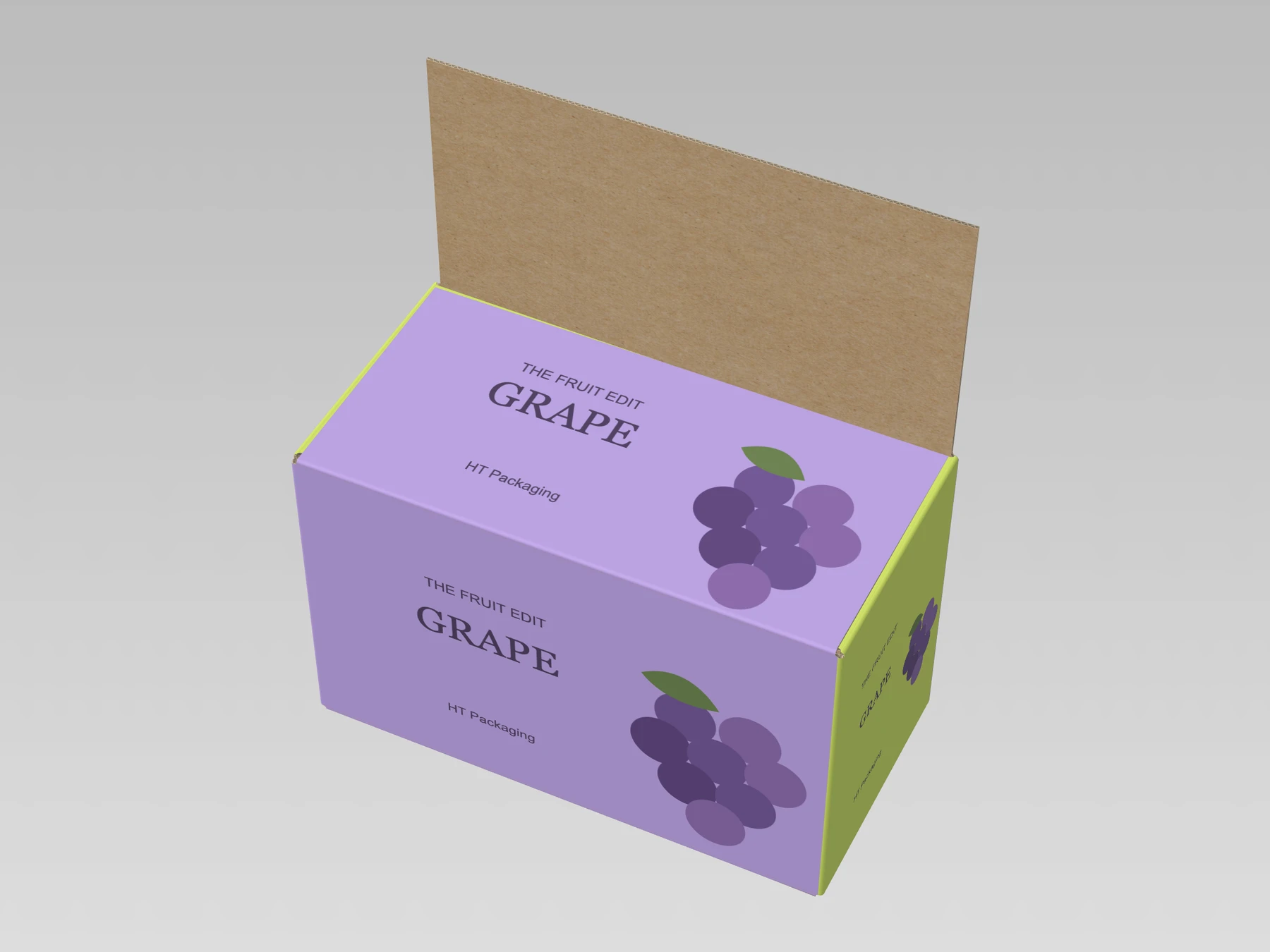 Full-overlap carton, partially unfolded, grape-printed exterior, small HT Packaging text and plain kraft interior