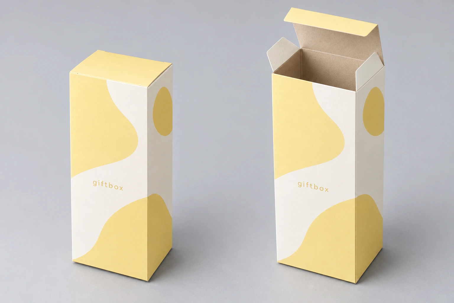 Butter yellow tuck-top carton with small giftbox lettering